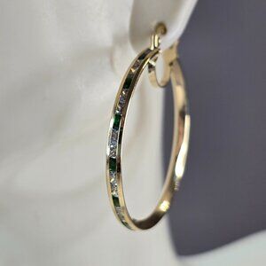 Womens 14K Yellow Gold Emerald & CZ Hoop Earrings, 4.5g E3764
